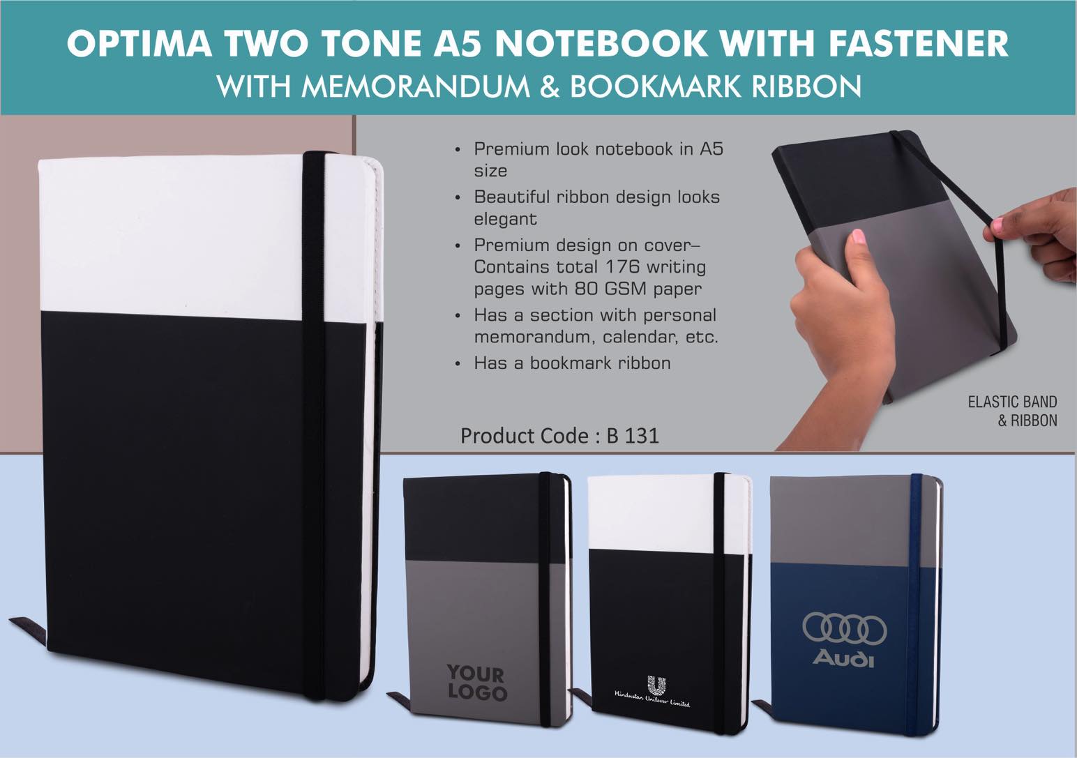 Optima Two tone A5 notebook with Fastener