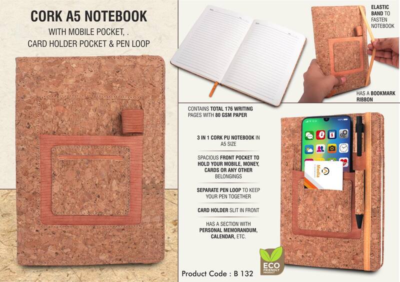 Cork A5 notebook with mobile pocket,