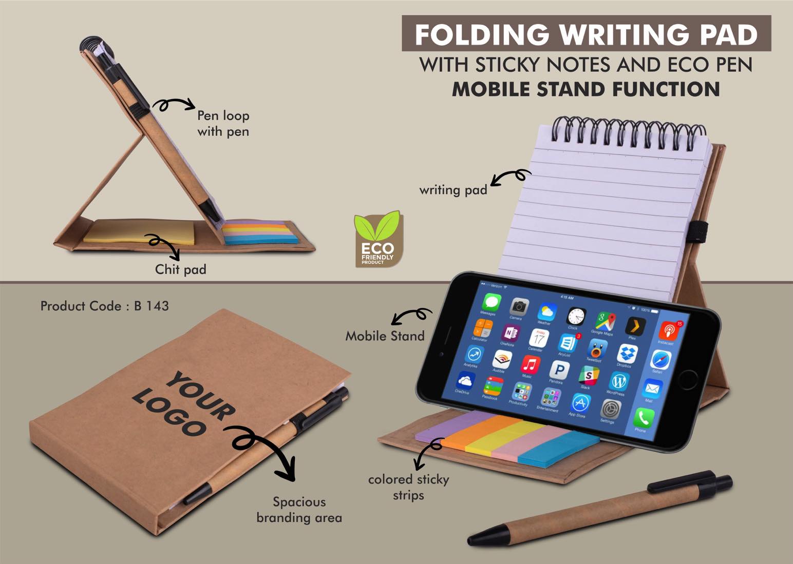 Folding writing pad with Sticky notes and Eco pen
