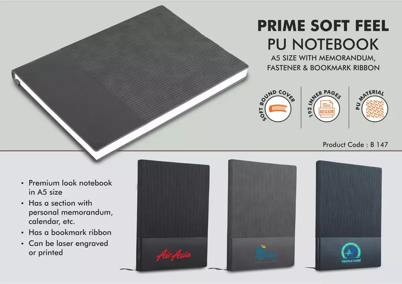 Prime Soft feel PU notebook | A5 size | With memorandum and Bookmark ribbon