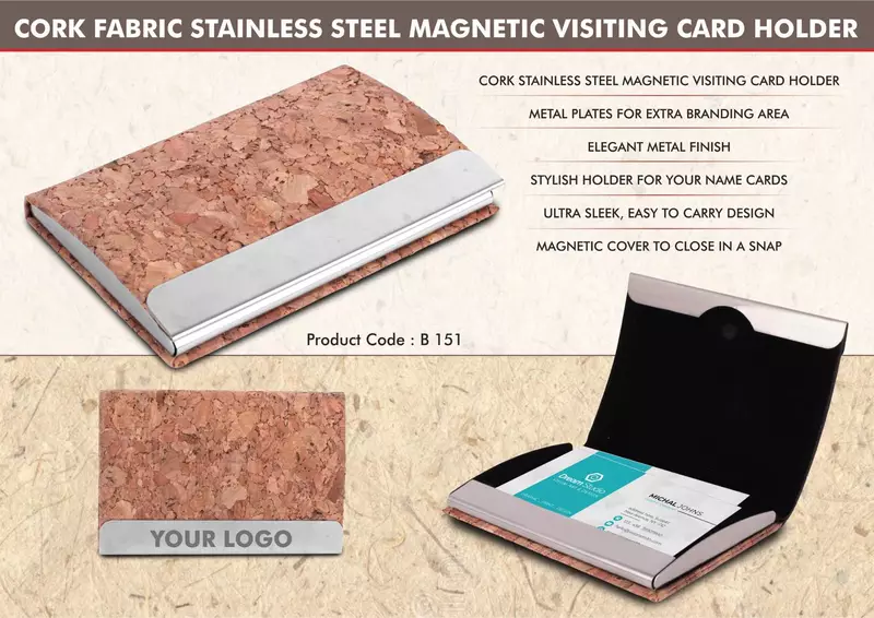 Stainless Steel Magnetic Visiting Card holder -Cork Material Style