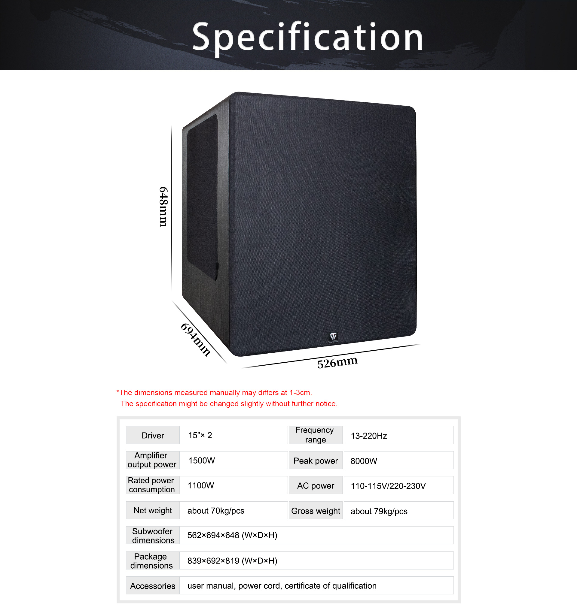 ToneWinner dual 15 inch DSP powered subwoofer