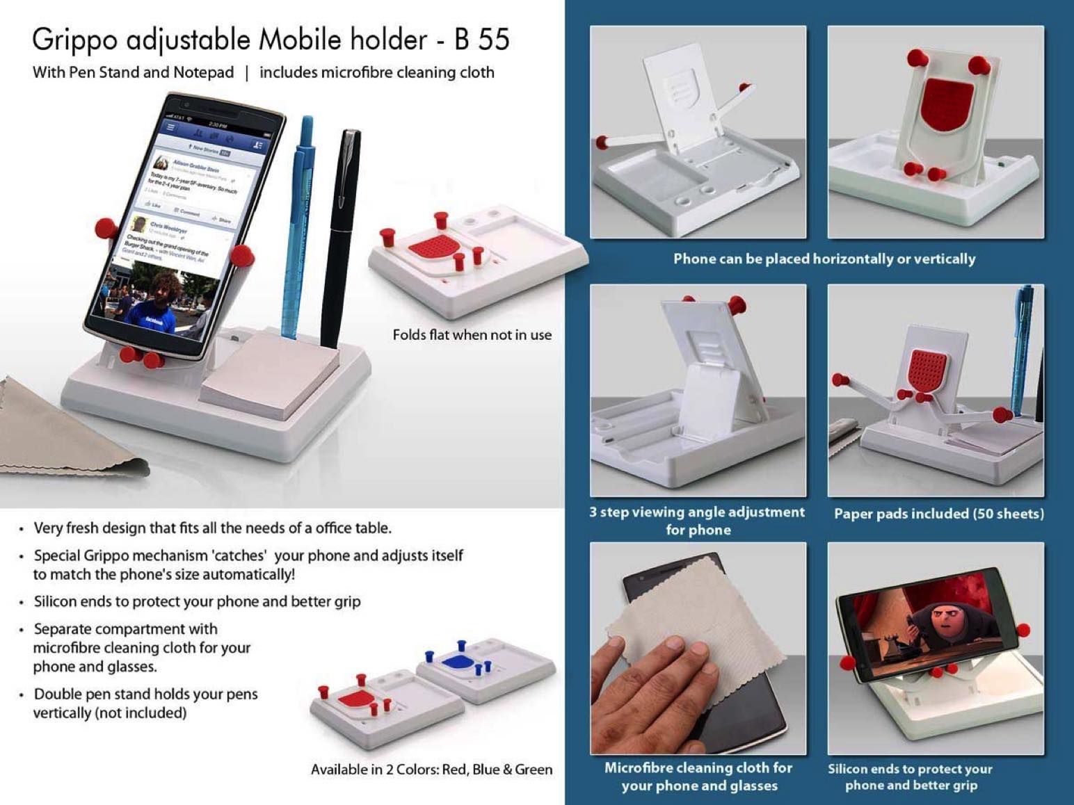 Grippo Mobile holder with angle adjustment, pen stand, and notepad