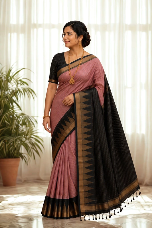 Semi Raw silk pink with black