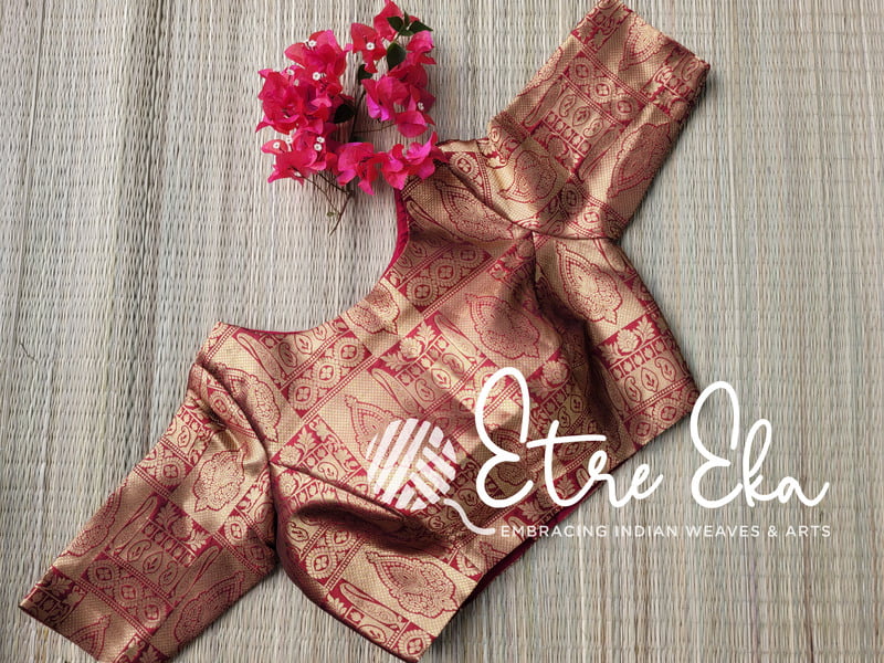 Saree Blouse. Maroon Banarasi Brocade Blouse with Boat Neck , Back Open