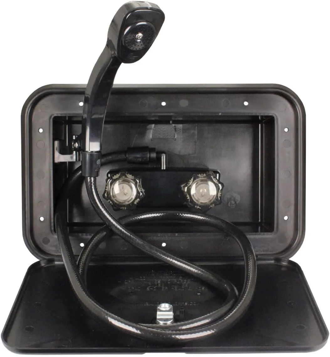 B&B Molders, 94196 Exterior Shower Box – Black, Self-Contained RV Hatch with Leak-Resistant Curved Shower Head, UV-Stable Acrylonitrile, OEM Replacement – Made in USA