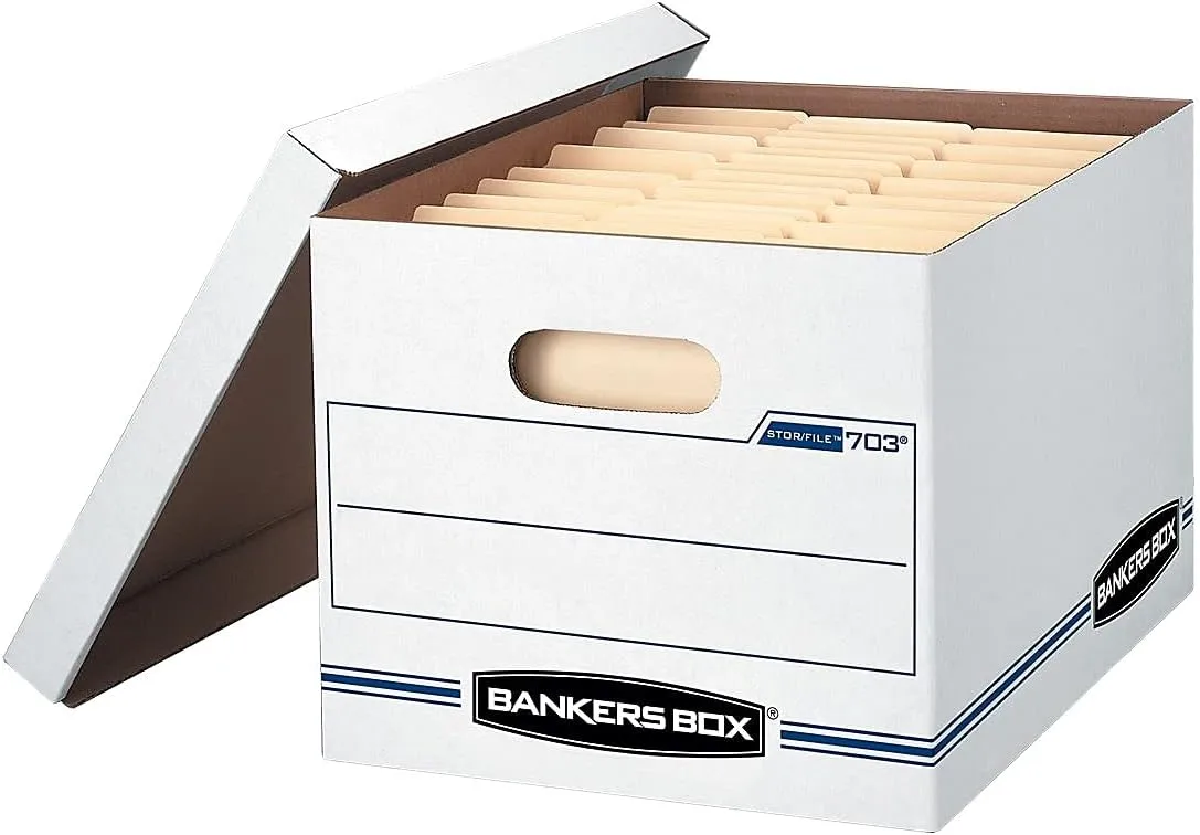 Bankers Box Stor/File Standard-Duty Storage Boxes, Letter/Legal Size, 10 x 12in x 15in, White/Blue, Pack Of 10 - 0070314