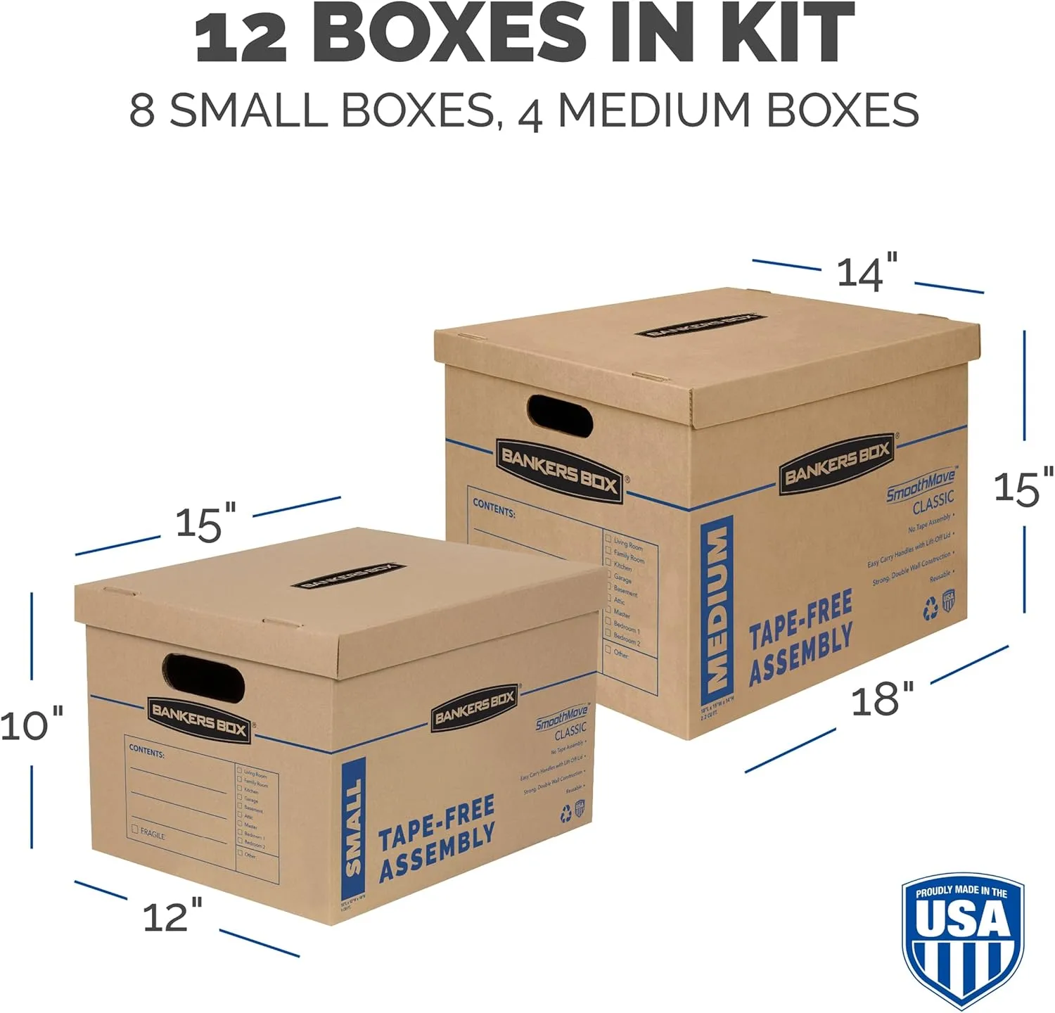 Bankers Box Classic Moving Box 12-Pack Kit with Reinforced Handles, Tape-Free Assembly (7716401)