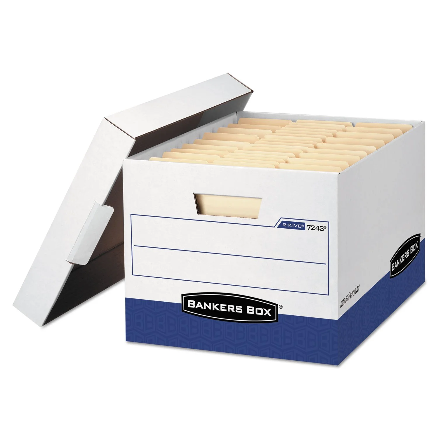 Bankers Box 12 Pack R-KIVE Heavy-Duty File Storage Boxes, FastFold, Lift-Off Lid, Letter, White/Blue Boxes 12-Pack