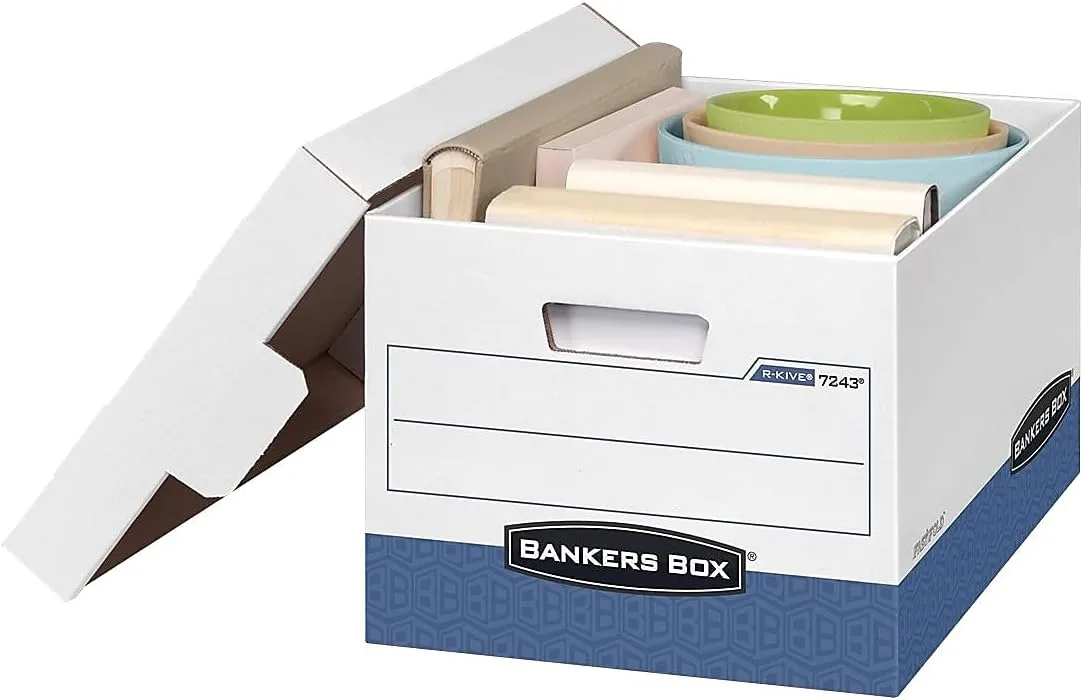 Bankers Box 12 Pack R-KIVE Heavy-Duty File Storage Boxes, FastFold, Lift-Off Lid, Letter, White/Blue Boxes 12-Pack