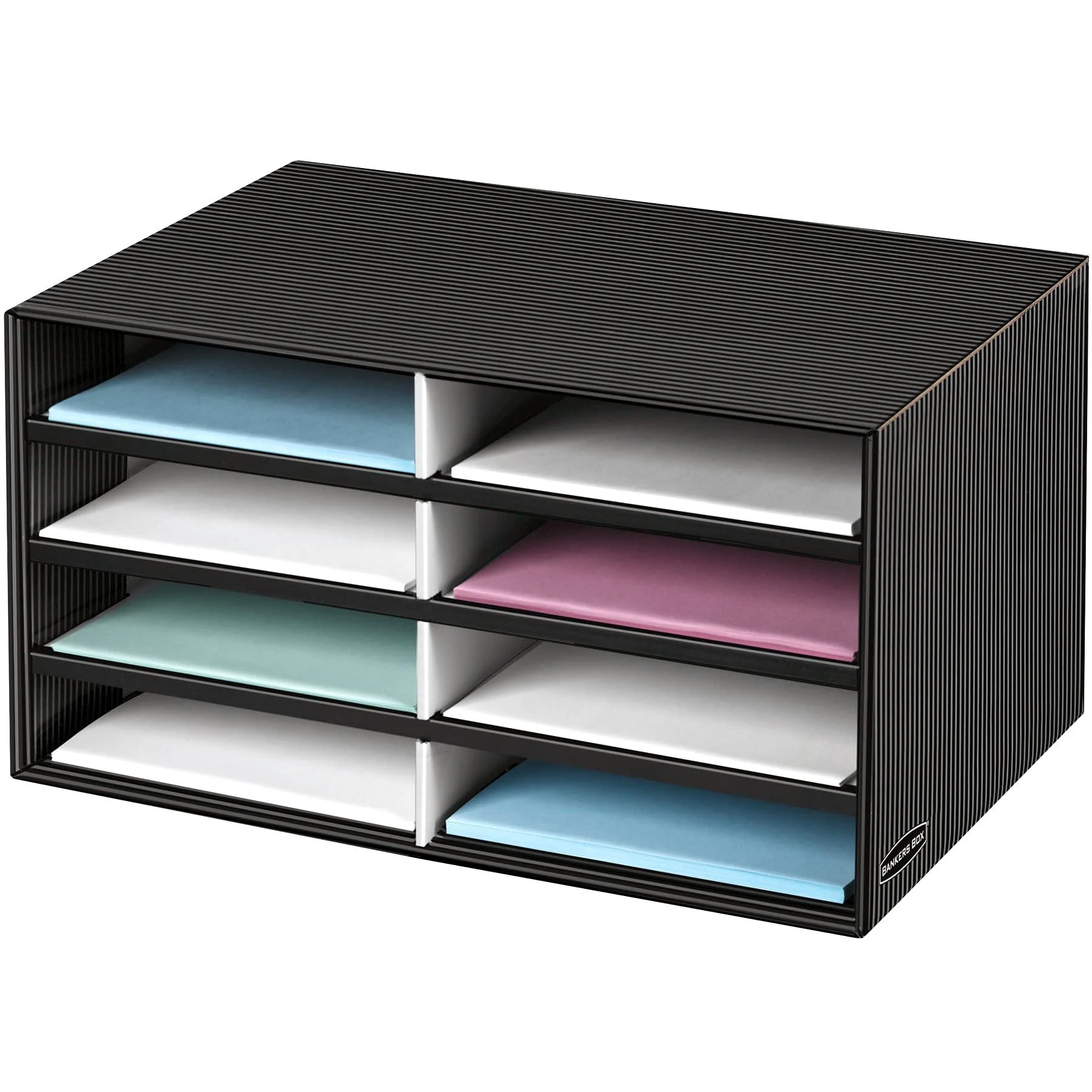 Bankers Box Decorative Eight Compartment Literature Sorter, Letter, Black/Gray Pinstripe