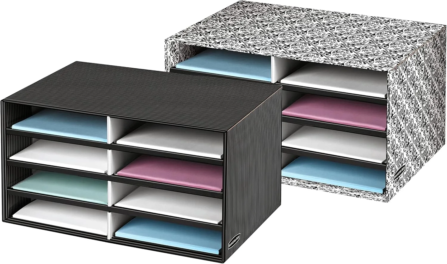 Bankers Box Decorative Eight Compartment Literature Sorter, Letter, Black/Gray Pinstripe
