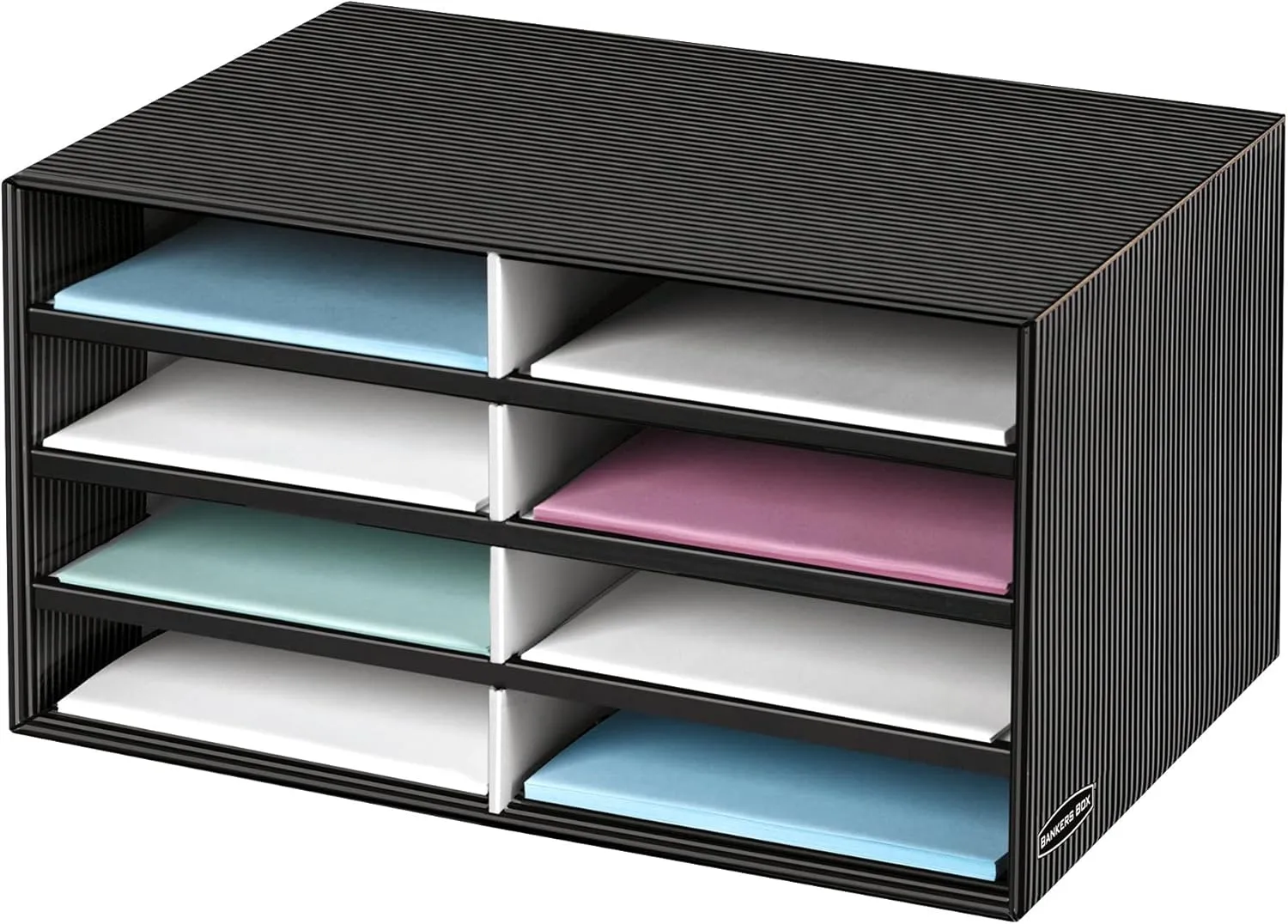 Bankers Box Decorative Eight Compartment Literature Sorter, Letter, Black/Gray Pinstripe