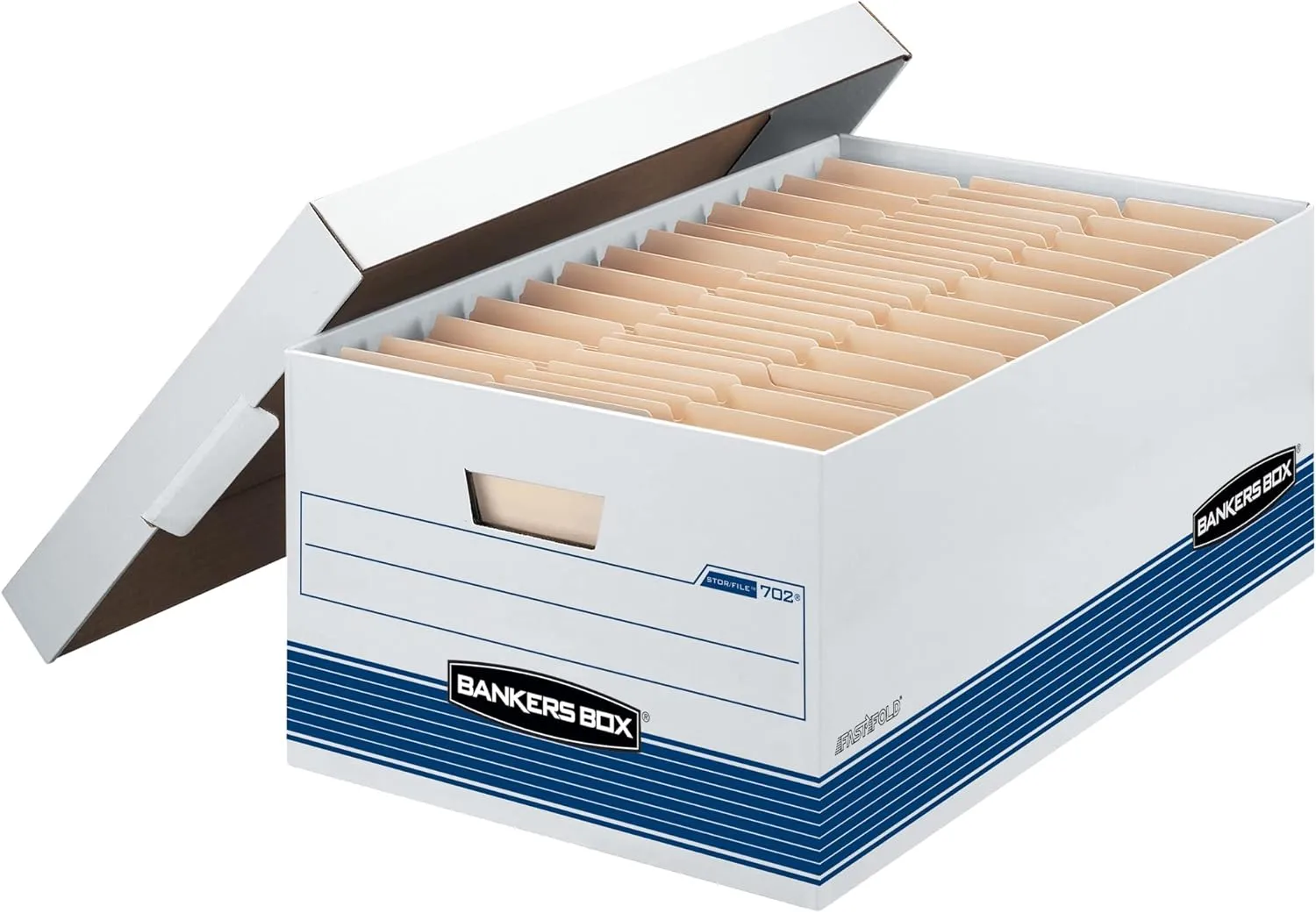 Bankers Box Stor/File FastFold Medium-Duty Storage Boxes, Legal Size, 24D x 15in x 10in, White/Blue, Case Of 4 - 70240FF