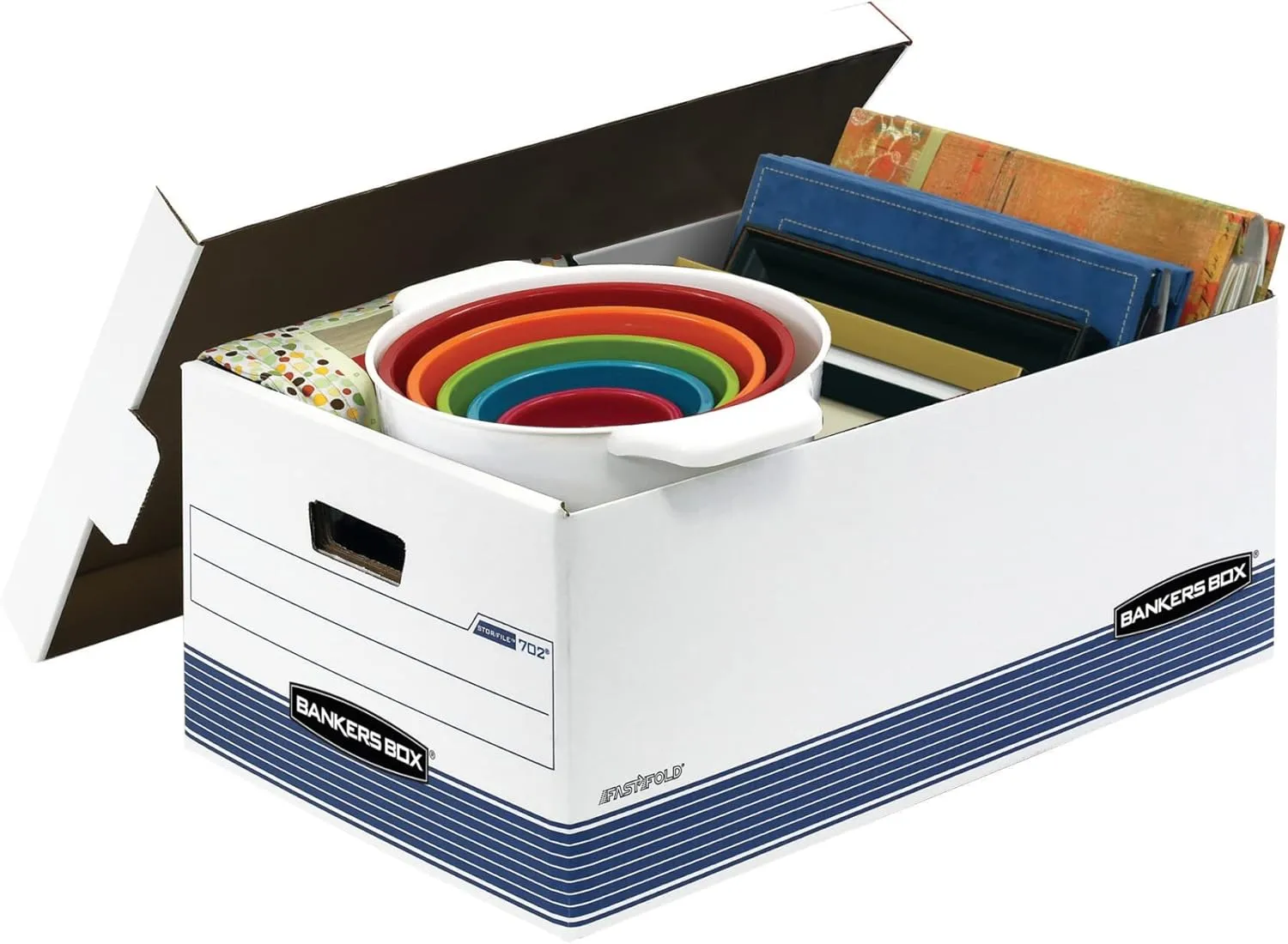 Bankers Box Stor/File FastFold Medium-Duty Storage Boxes, Legal Size, 24D x 15in x 10in, White/Blue, Case Of 4 - 70240FF