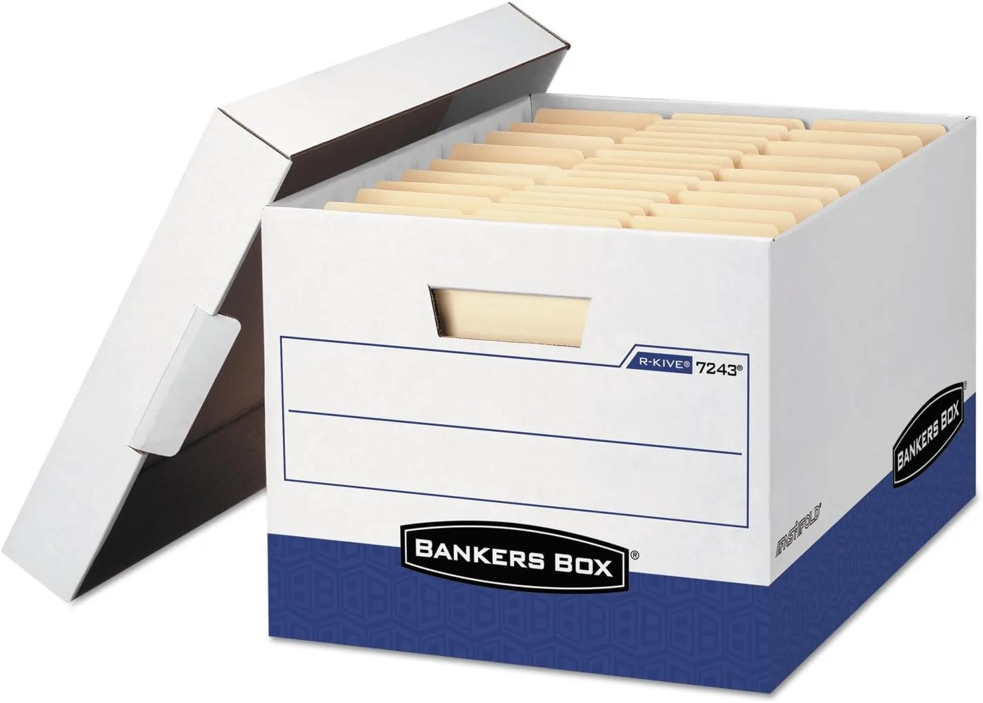 Bankers Box R-Kive FastFold Heavy-Duty File Storage Boxes, 4 Pack, 12in x 15in x 10in, White/Blue