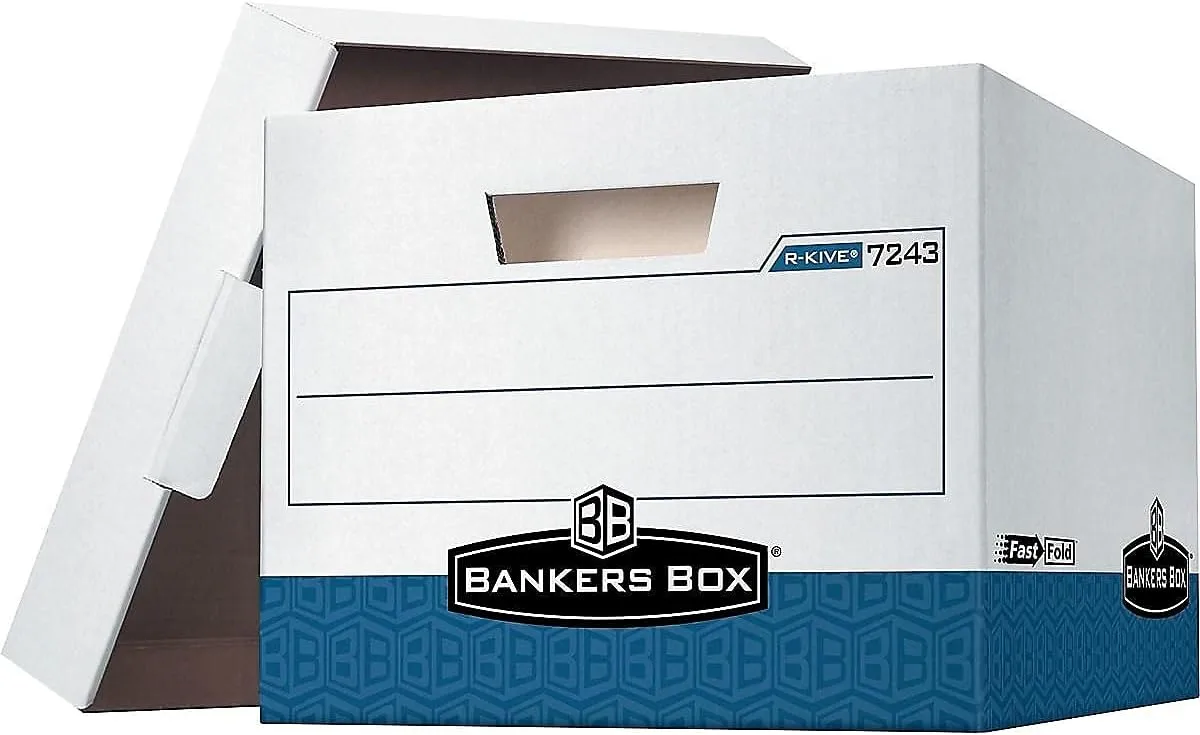 Bankers Box R-Kive FastFold Heavy-Duty File Storage Boxes, 4 Pack, 12in x 15in x 10in, White/Blue