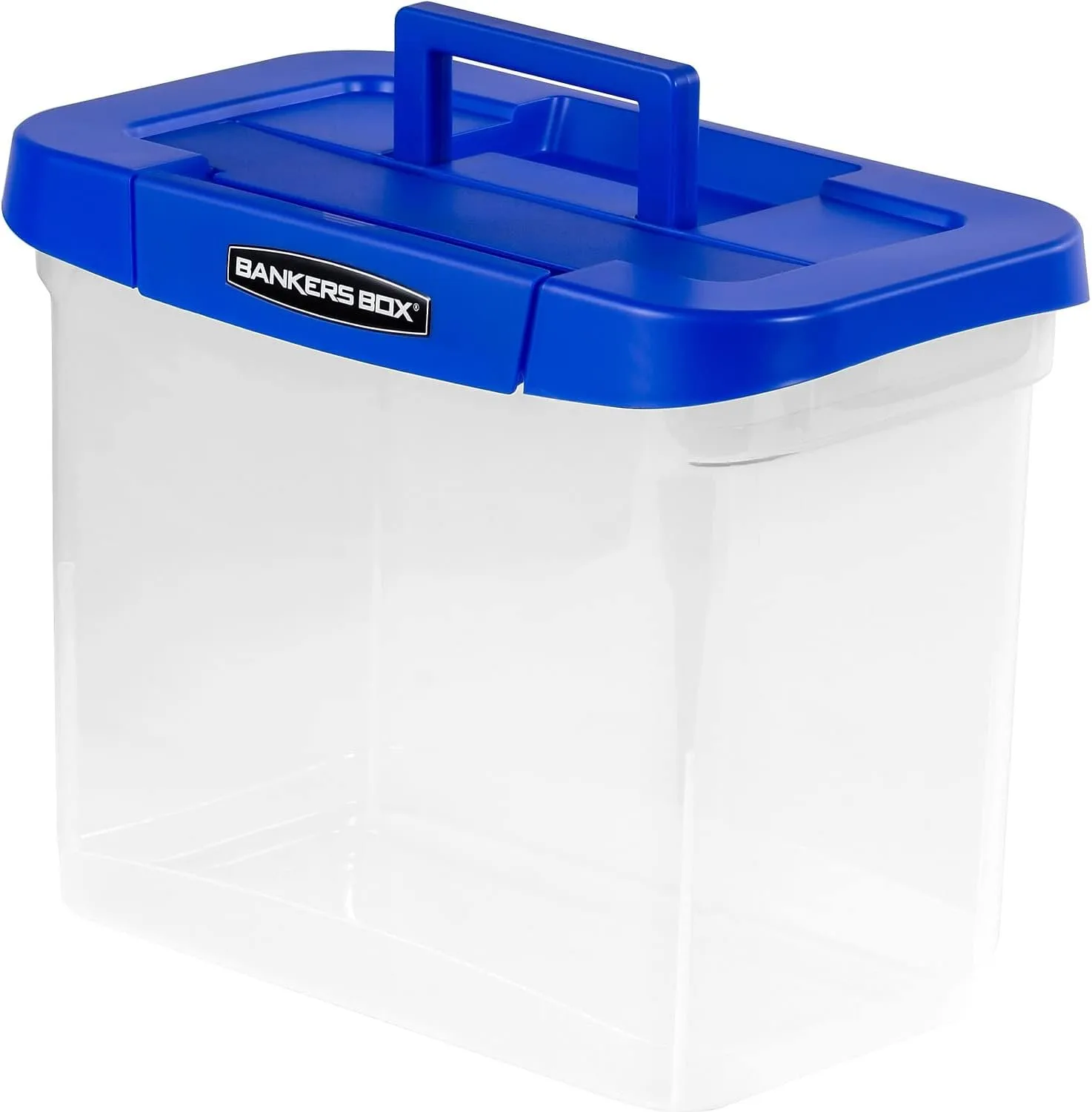 Bankers Box Heavy-Duty Portable File Box, Letter, 14.25"L x 10.6"W x 11"H, Blue/Clear