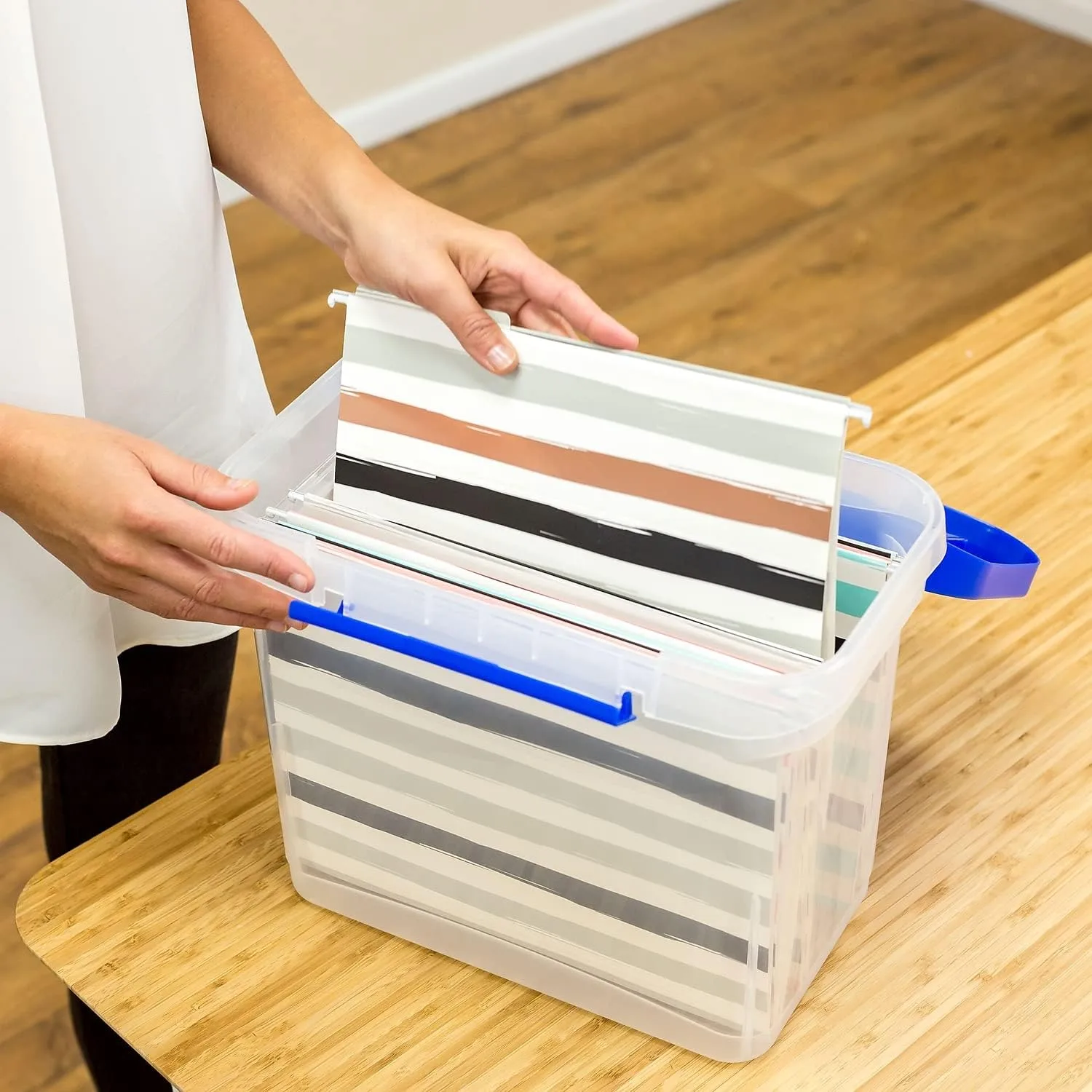 Bankers Box Heavy-Duty Portable File Box, Letter, 14.25"L x 10.6"W x 11"H, Blue/Clear