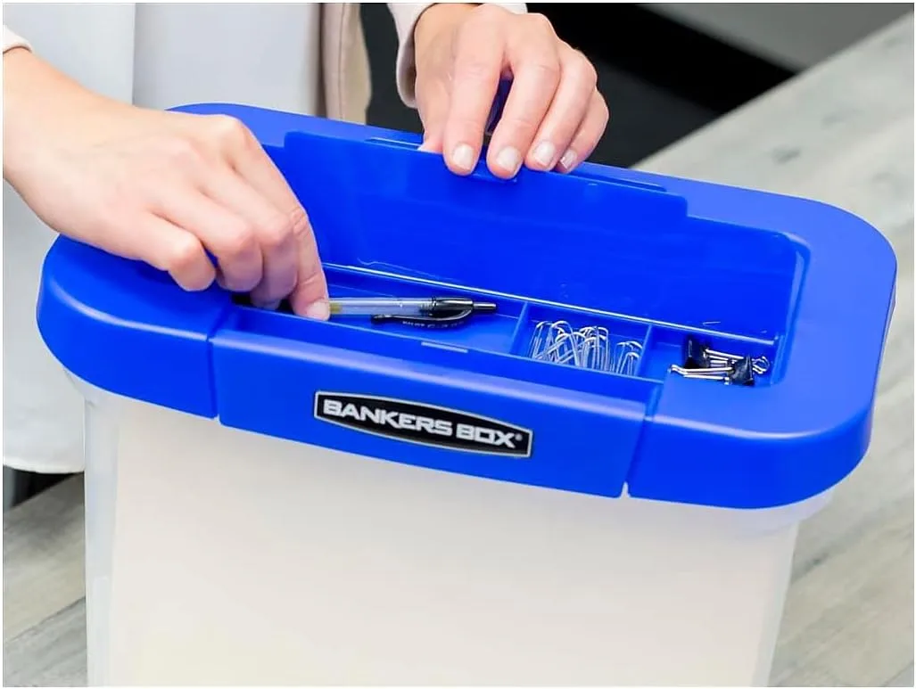 Bankers Box Heavy-Duty Portable File Box, Letter, 14.25"L x 10.6"W x 11"H, Blue/Clear