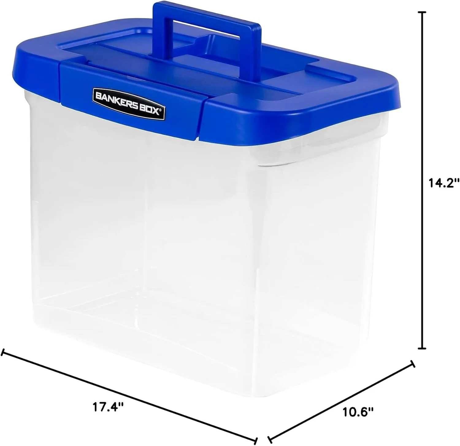 Bankers Box Heavy-Duty Portable File Box, Letter, 14.25"L x 10.6"W x 11"H, Blue/Clear