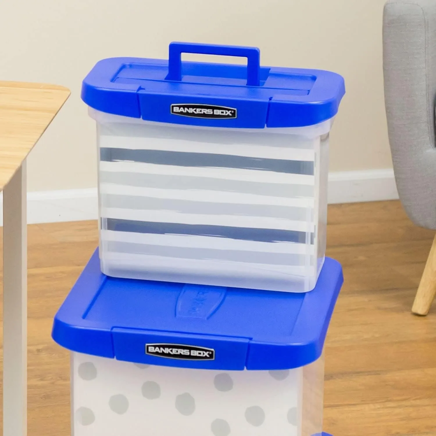 Bankers Box Heavy-Duty Portable File Box, Letter, 14.25"L x 10.6"W x 11"H, Blue/Clear