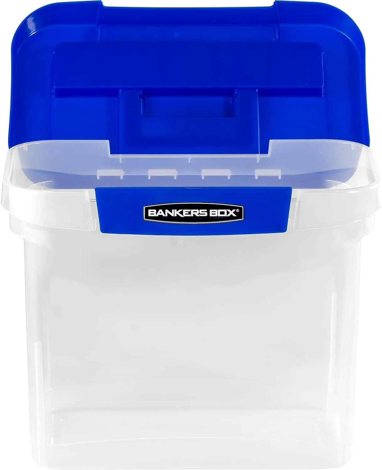 Bankers Box Heavy-Duty Portable File Box, Letter, 14.25"L x 10.6"W x 11"H, Blue/Clear