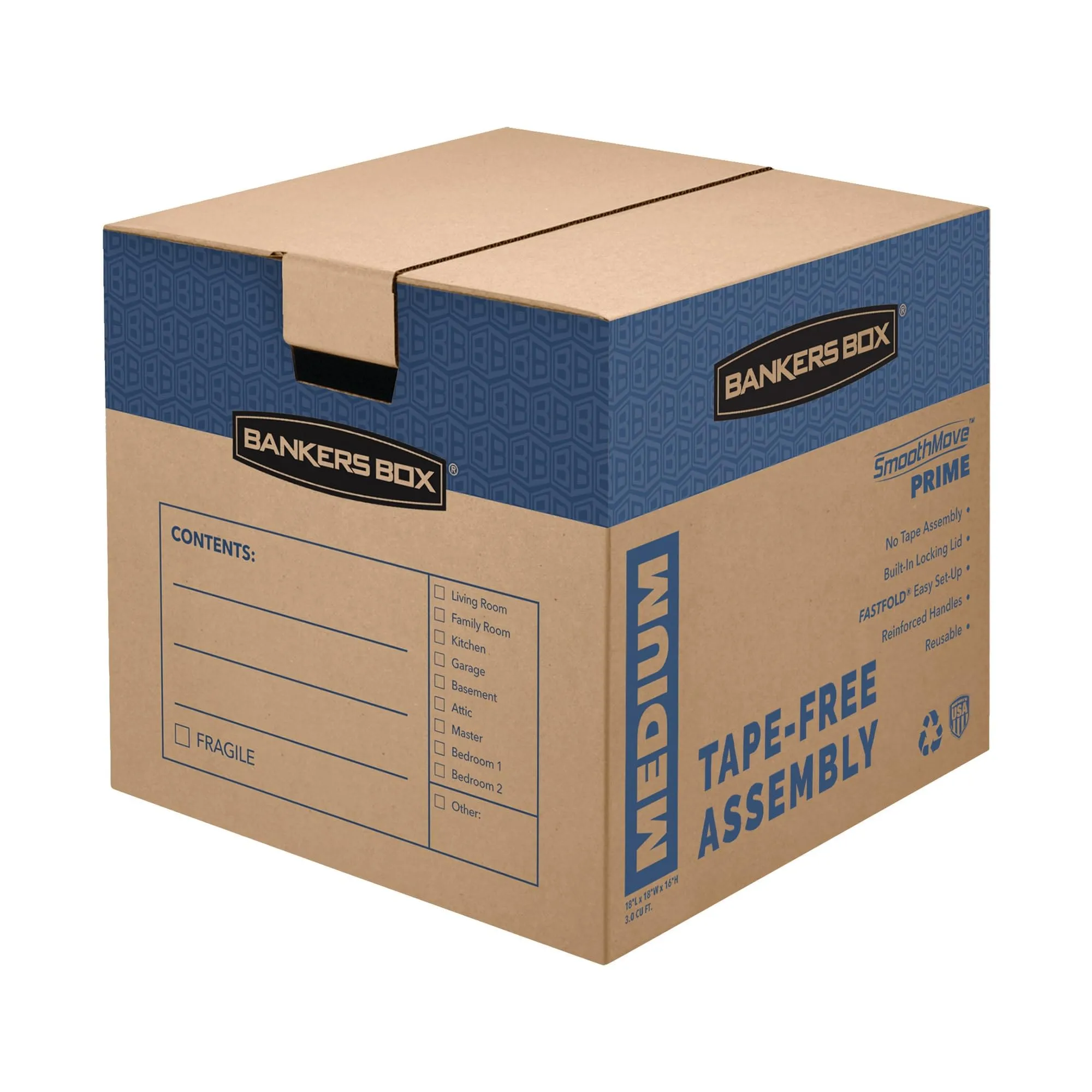 Bankers Box Medium Prime Moving Box 8 Pack, Reinforced Handles, Tape-Free Assembly, Attached Lid, 18-in x 15-in x 14-in (0062806) Medium 8 Pack