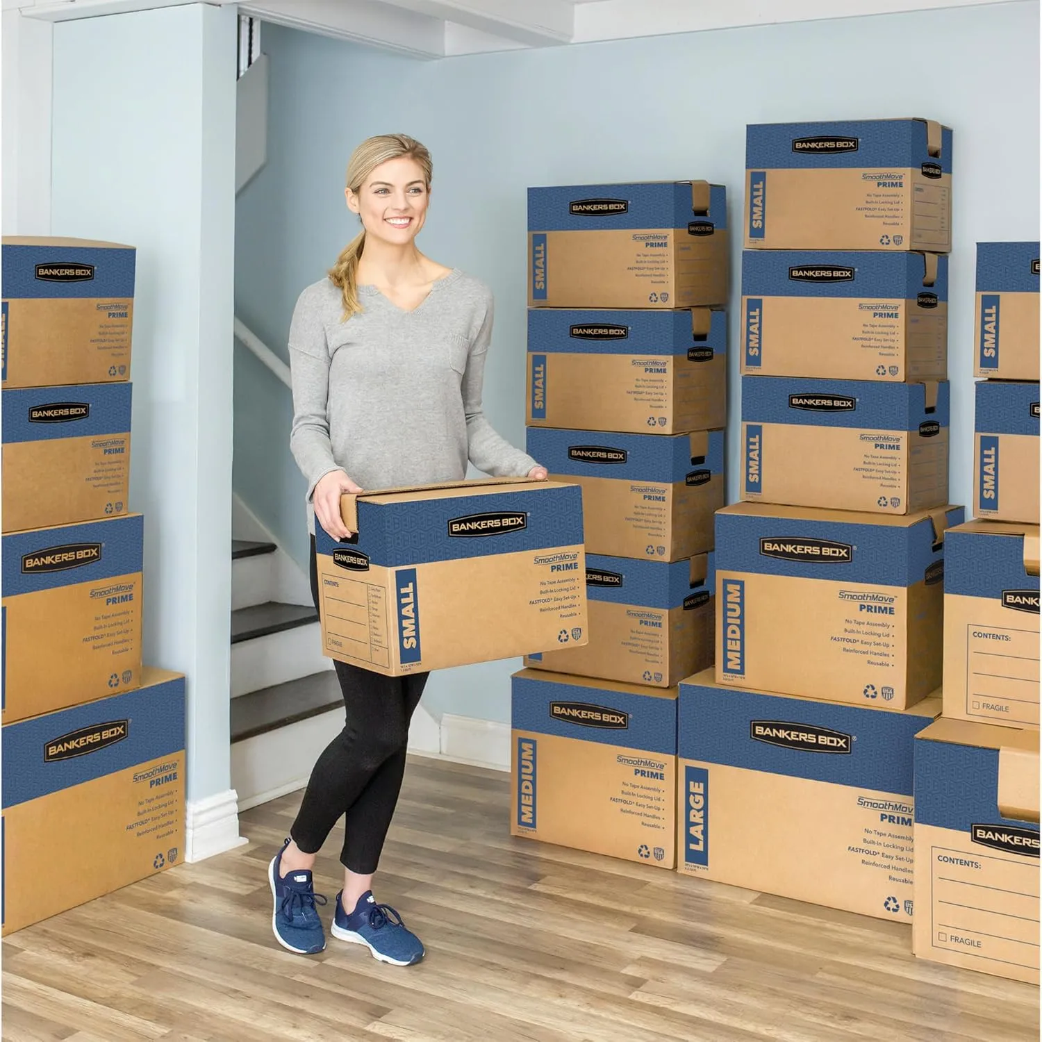 Bankers Box Medium Prime Moving Box 8 Pack, Reinforced Handles, Tape-Free Assembly, Attached Lid, 18-in x 15-in x 14-in (0062806) Medium 8 Pack