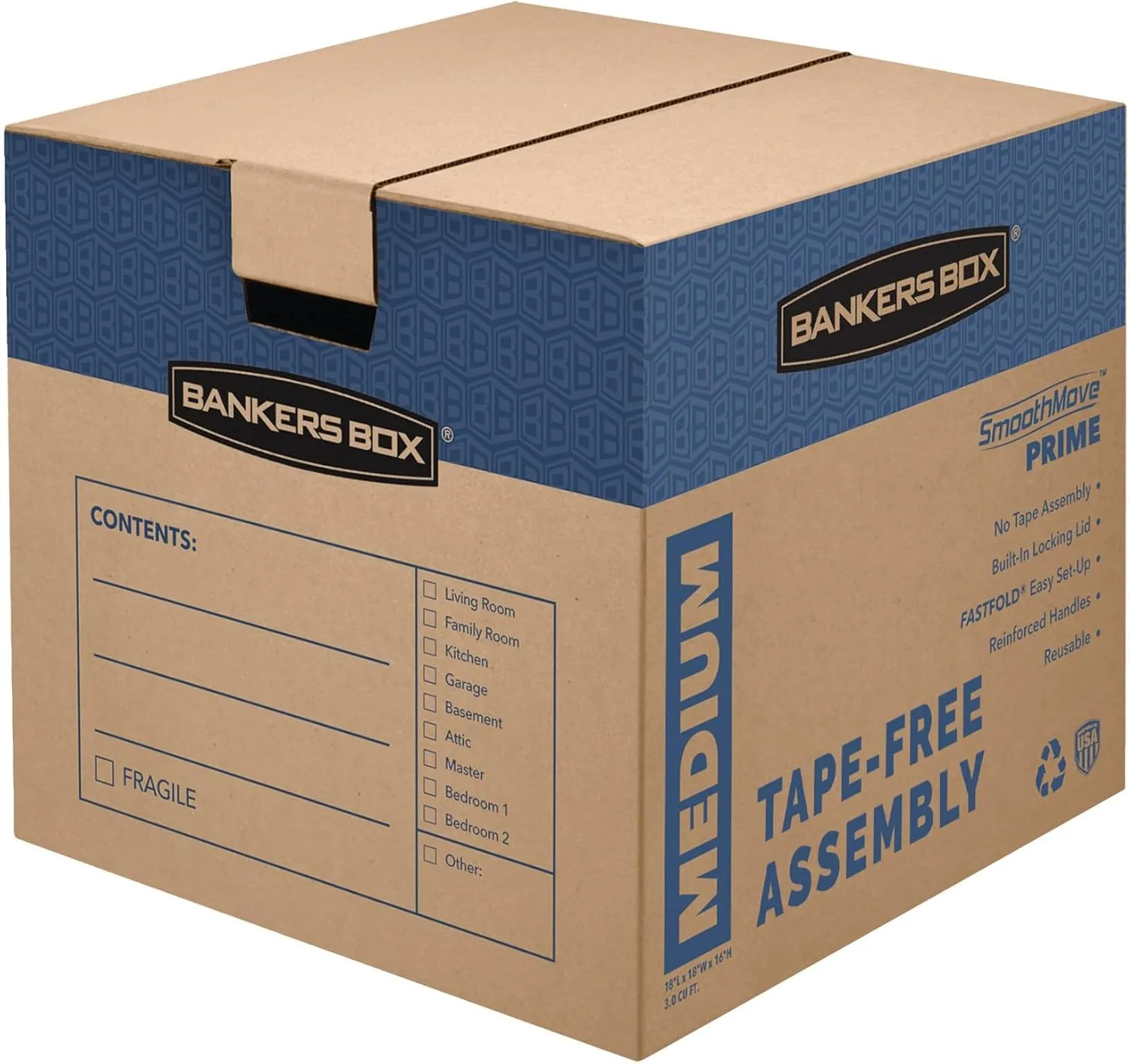 Bankers Box Medium Prime Moving Box 8 Pack, Reinforced Handles, Tape-Free Assembly, Attached Lid, 18-in x 15-in x 14-in (0062806) Medium 8 Pack