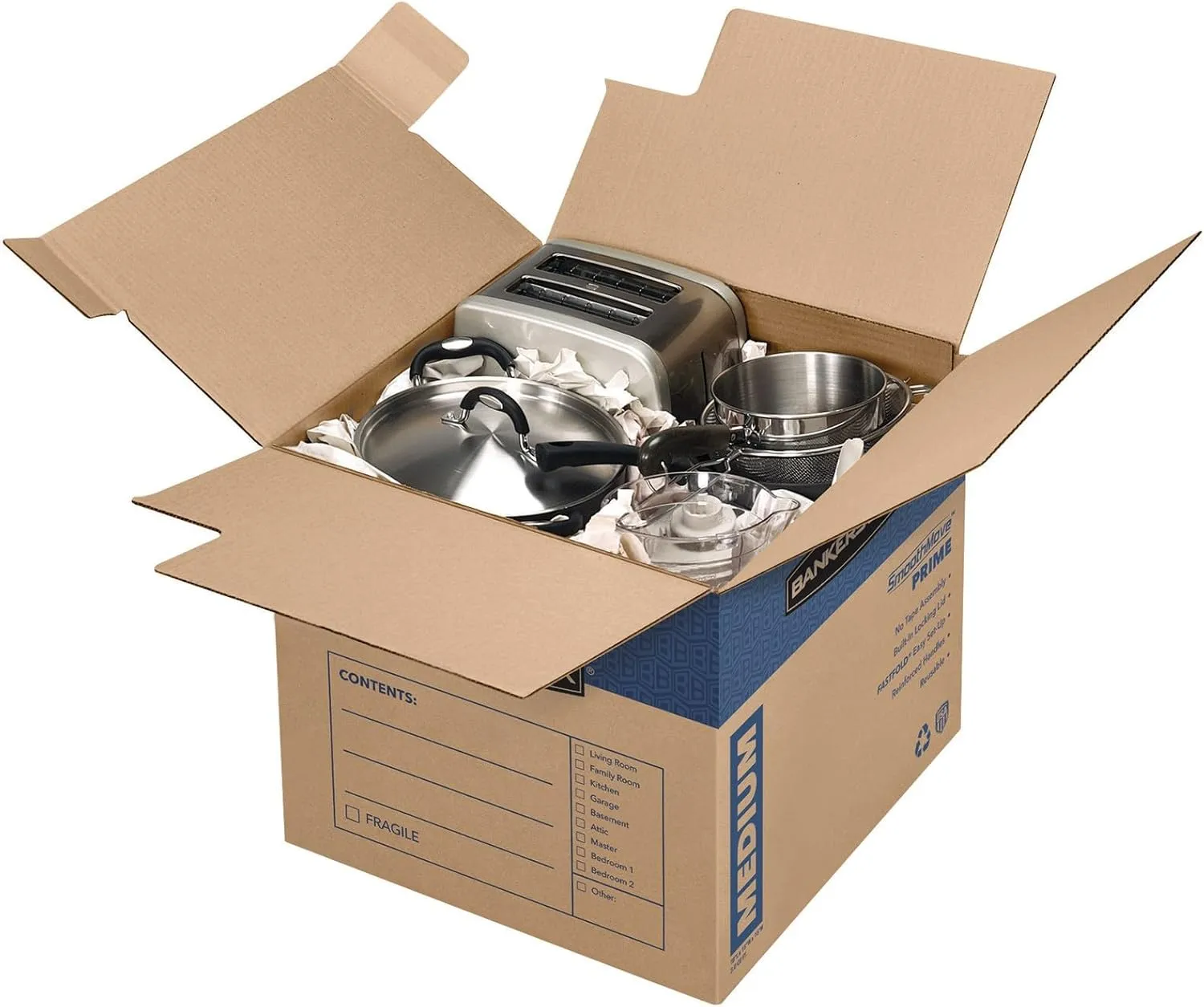 Bankers Box Medium Prime Moving Box 8 Pack, Reinforced Handles, Tape-Free Assembly, Attached Lid, 18-in x 15-in x 14-in (0062806) Medium 8 Pack