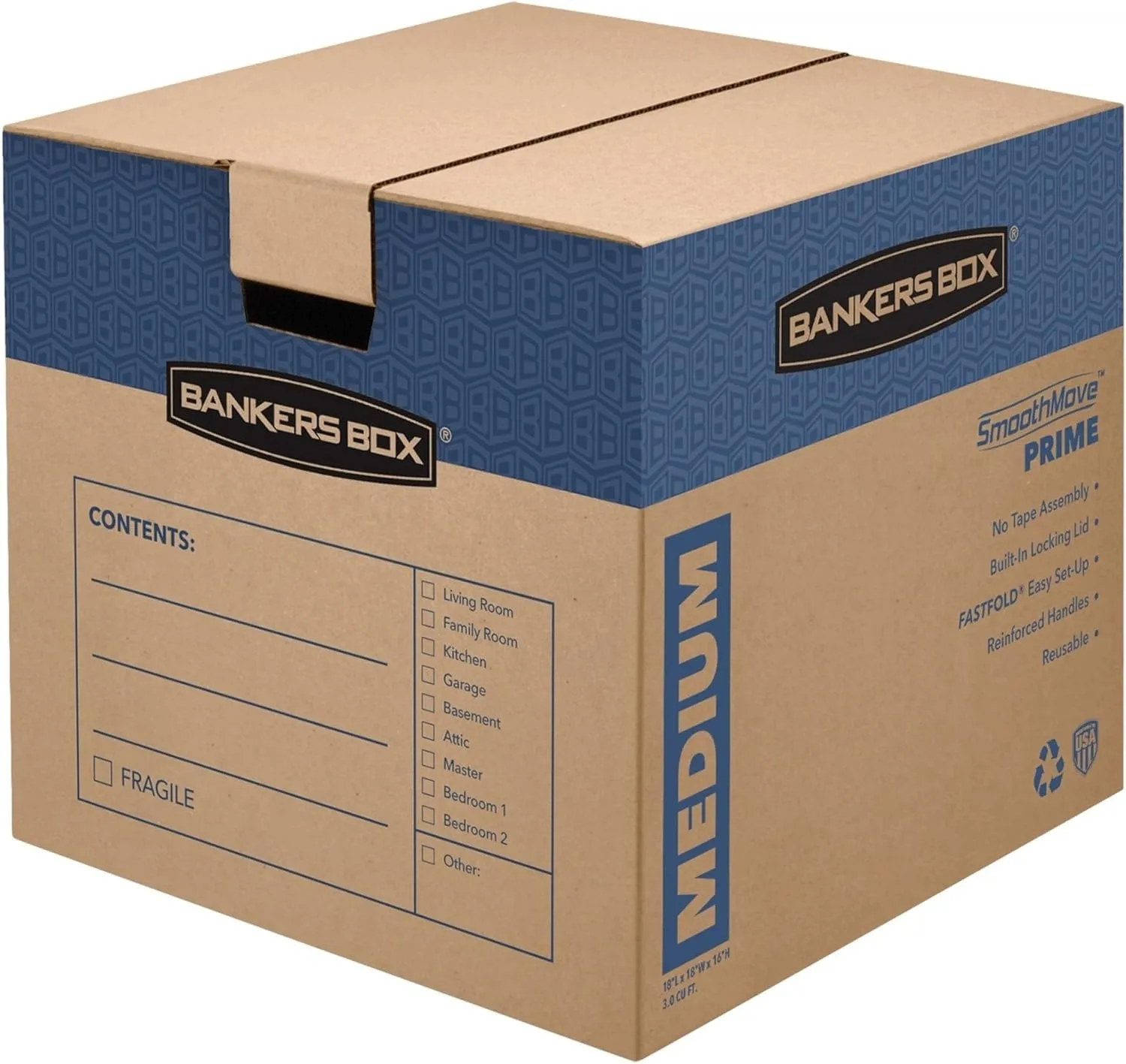 Bankers Box Medium Prime Moving Box 8 Pack, Reinforced Handles, Tape-Free Assembly, Attached Lid, 18-in x 15-in x 14-in (0062806) Medium 8 Pack