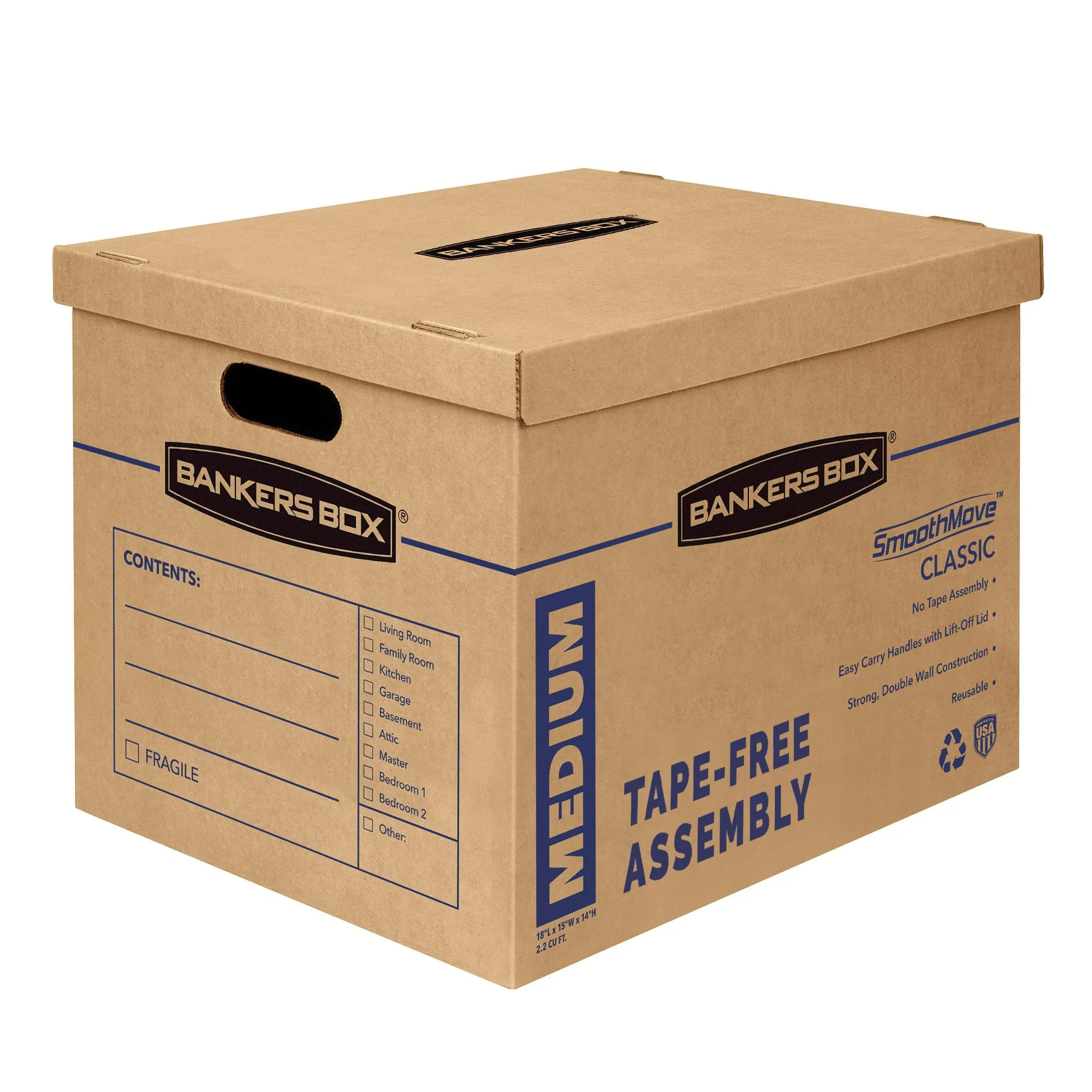 Bankers Box Medium Classic Moving Box 8 Pack, Reinforced Handles, Tape-Free Assembly, 19L x 15.5W x 14.5H