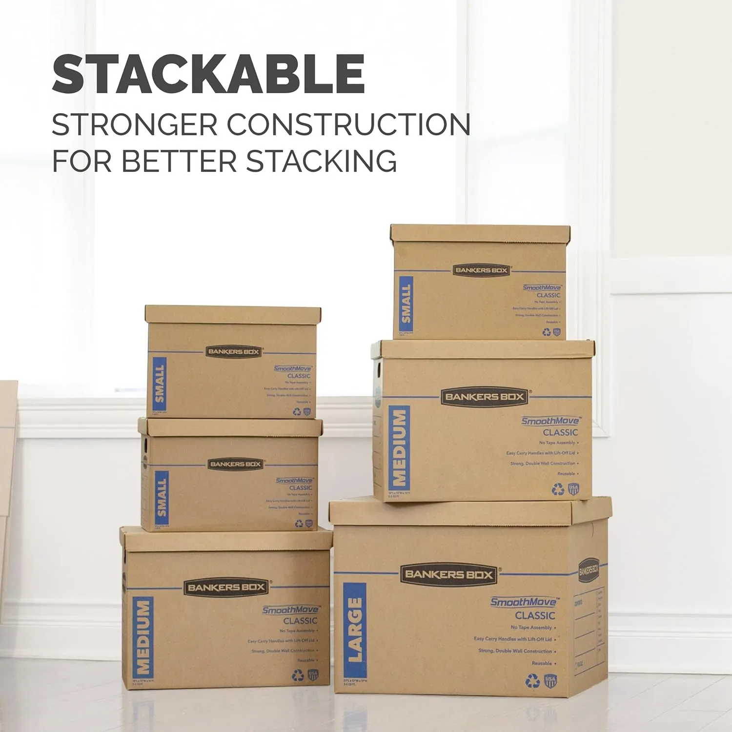 Bankers Box Medium Classic Moving Box 8 Pack, Reinforced Handles, Tape-Free Assembly, 19L x 15.5W x 14.5H