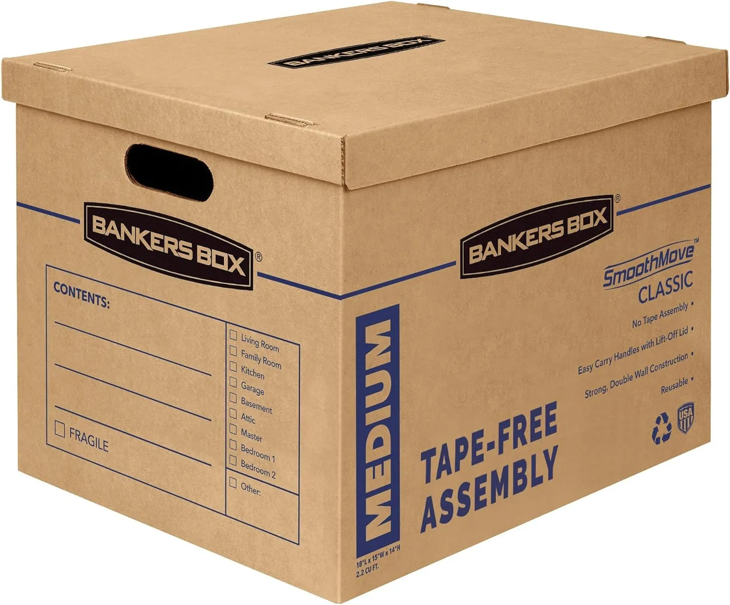 Bankers Box Medium Classic Moving Box 8 Pack, Reinforced Handles, Tape-Free Assembly, 19L x 15.5W x 14.5H