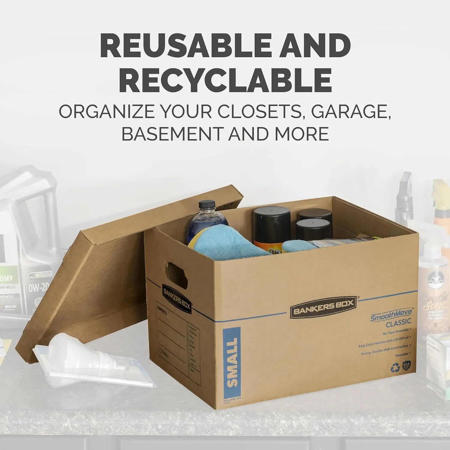 Bankers Box Medium Classic Moving Box 8 Pack, Reinforced Handles, Tape-Free Assembly, 19L x 15.5W x 14.5H