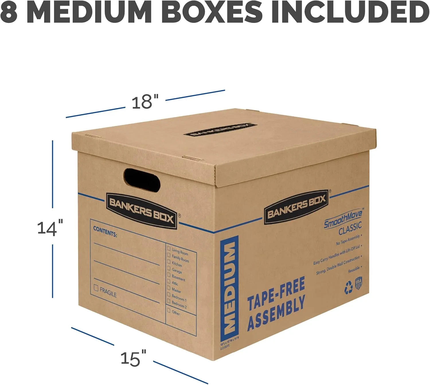Bankers Box Medium Classic Moving Box 8 Pack, Reinforced Handles, Tape-Free Assembly, 19L x 15.5W x 14.5H