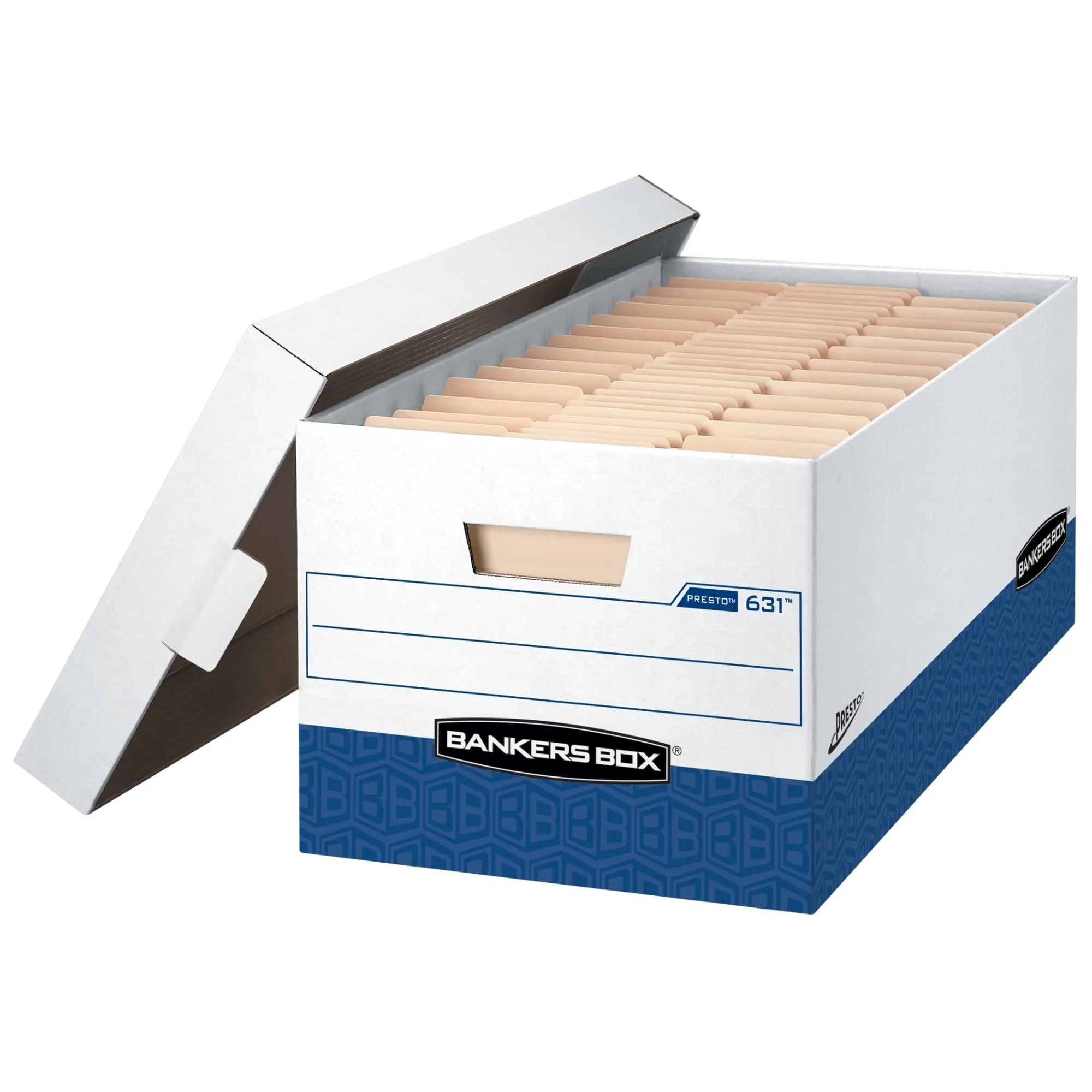 Bankers Box Presto Heavy-Duty File Storage Boxes, Letter, 12-Pack, 25.38 x 13 x 10.5 in, White/Blue