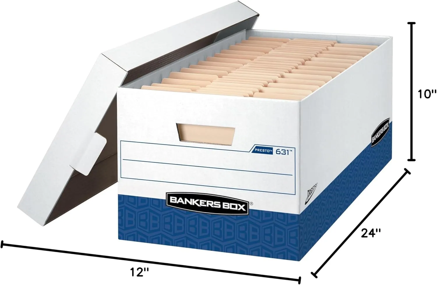 Bankers Box Presto Heavy-Duty File Storage Boxes, Letter, 12-Pack, 25.38 x 13 x 10.5 in, White/Blue