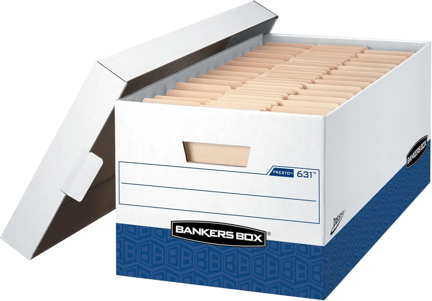 Bankers Box Presto Heavy-Duty File Storage Boxes, Letter, 12-Pack, 25.38 x 13 x 10.5 in, White/Blue