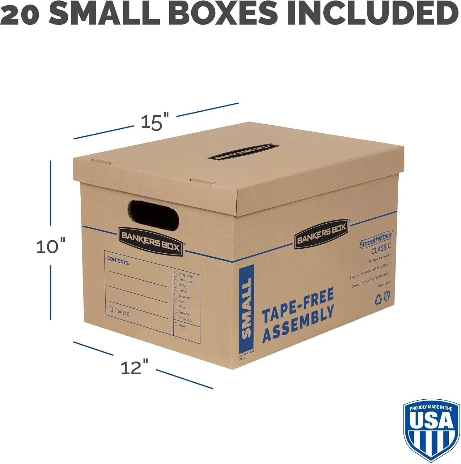 Bankers Box Small Classic Moving Box 20 Pack, Reinforced Handles, Tape-Free Assembly, 15-in x 12-in x 10-in (7714210)