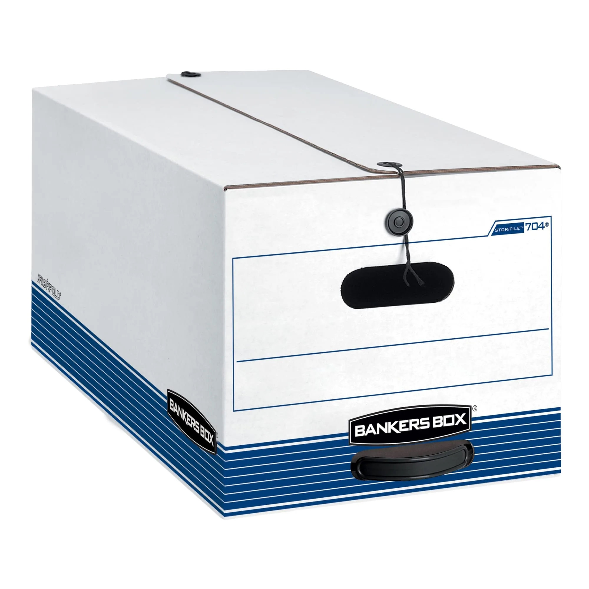 Bankers Box® Stor/File™ 60% Recycled Storage Boxes, String & Button, 24" x 12" x 10", Letter, White/Blue, Pack Of 3