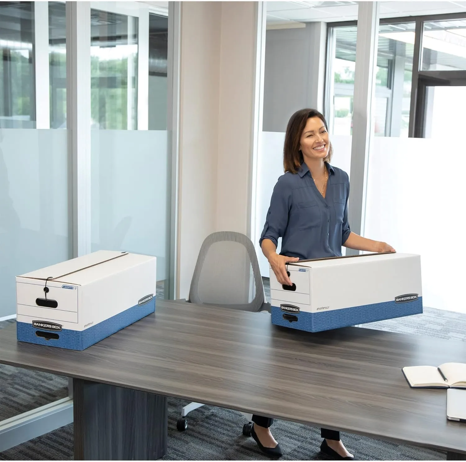 Bankers Box® Stor/File™ 60% Recycled Storage Boxes, String & Button, 24" x 12" x 10", Letter, White/Blue, Pack Of 3
