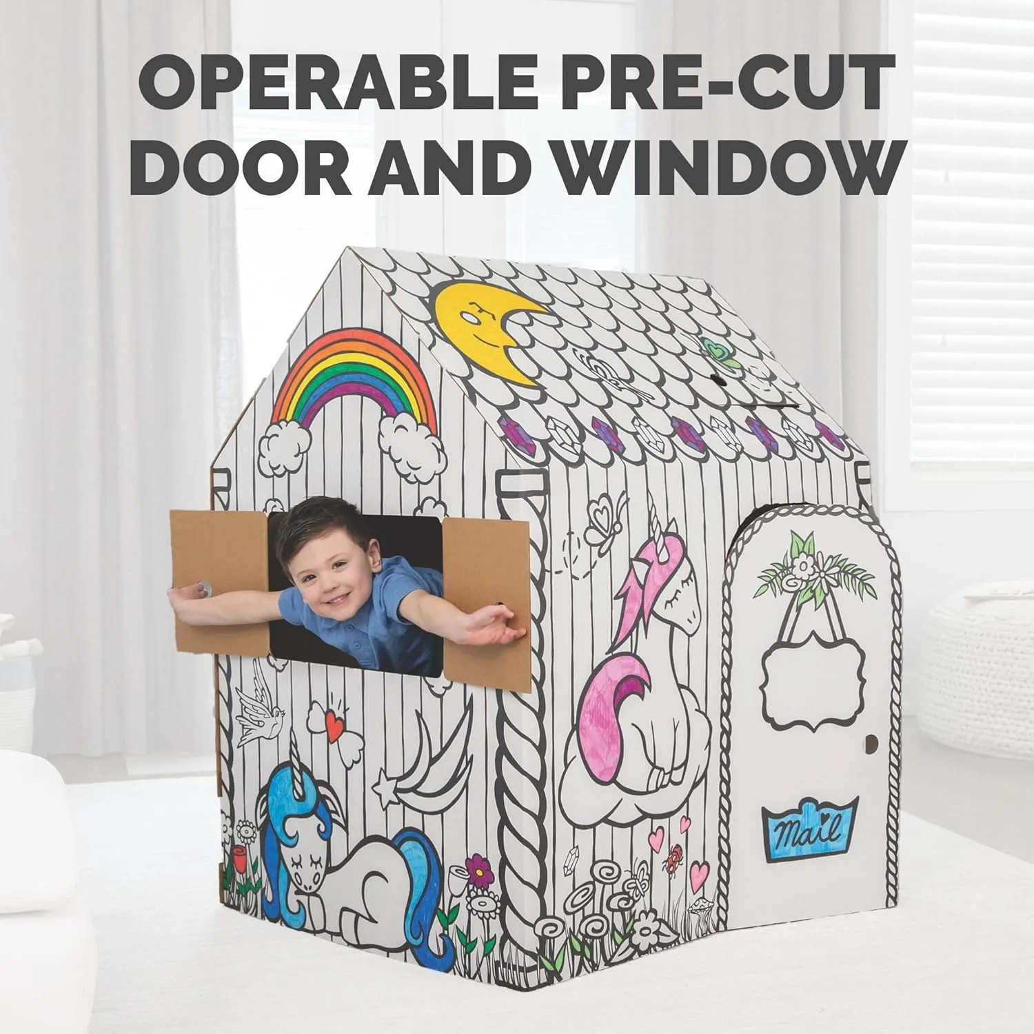 Bankers Box at Play Color in Unicorn Playhouse, Cardboard Playhouse and Life Size Craft Activity for Kids and Families