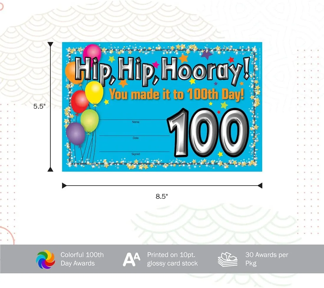 Barker Creek Recognition Awards, 100th Day, Celebrate Student Achievements with These Colorful Awards, 8.5" x 5.5"