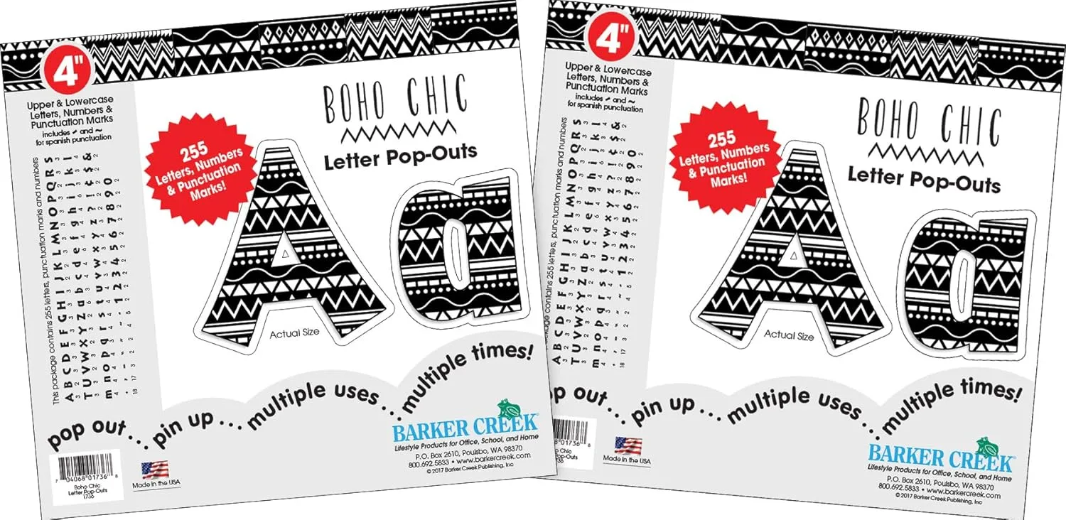 Barker Creek 4" Letter Pop-Outs 2-Pack, Boho Chic, Jazz Up Your Bulletin Boards with These Colorful Letters