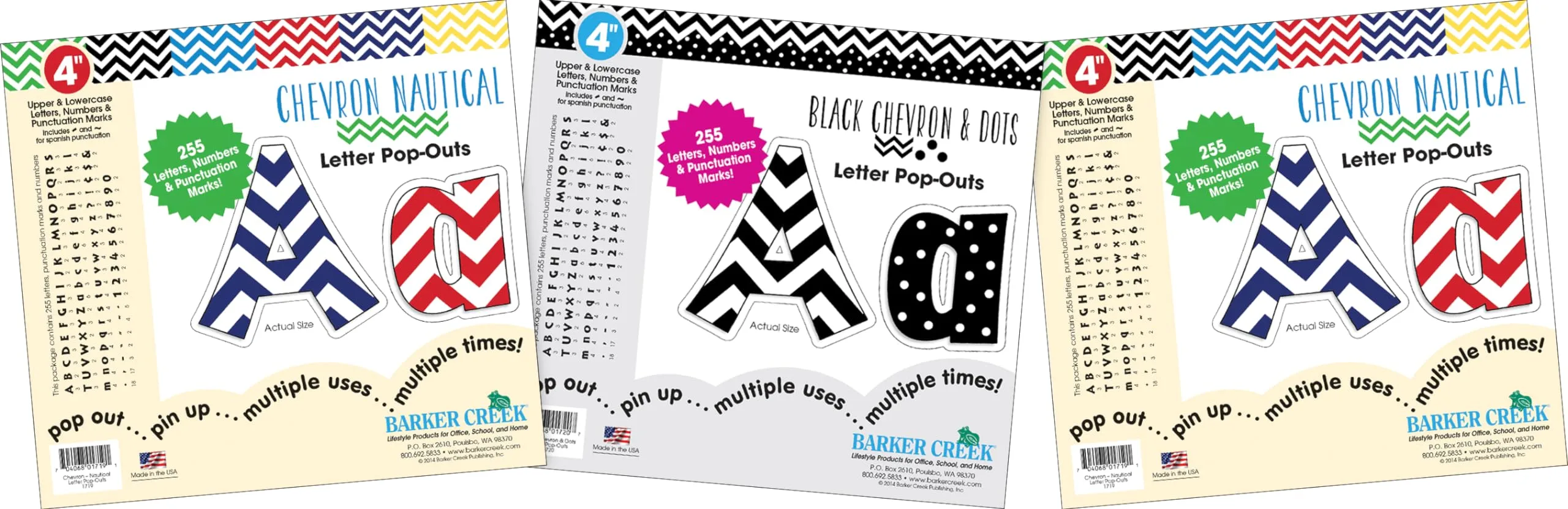 Barker Creek Letter Pop-Out Set of 3, 4" Chevron, Mixed-Design, 255 Upper and Lowercase Letters, Numbers