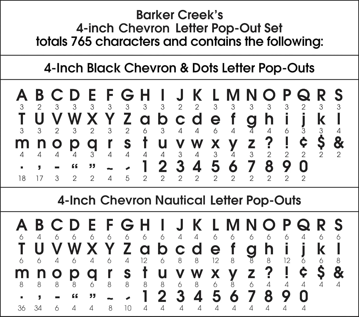Barker Creek Letter Pop-Out Set of 3, 4" Chevron, Mixed-Design, 255 Upper and Lowercase Letters, Numbers