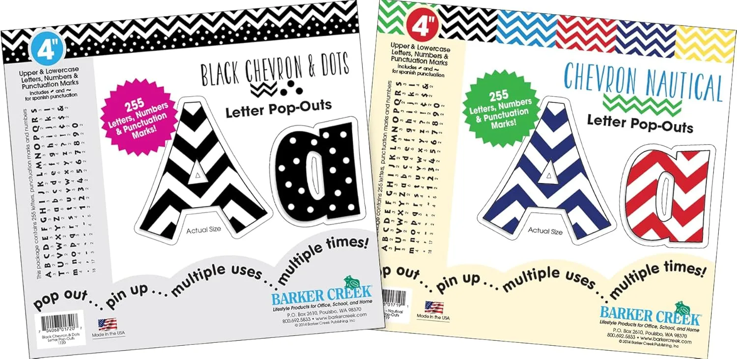 Barker Creek Letter Pop-Out Set of 2, 4" Chevron, Mixed-Design, 255 Upper and Lowercase Letters, Numbers