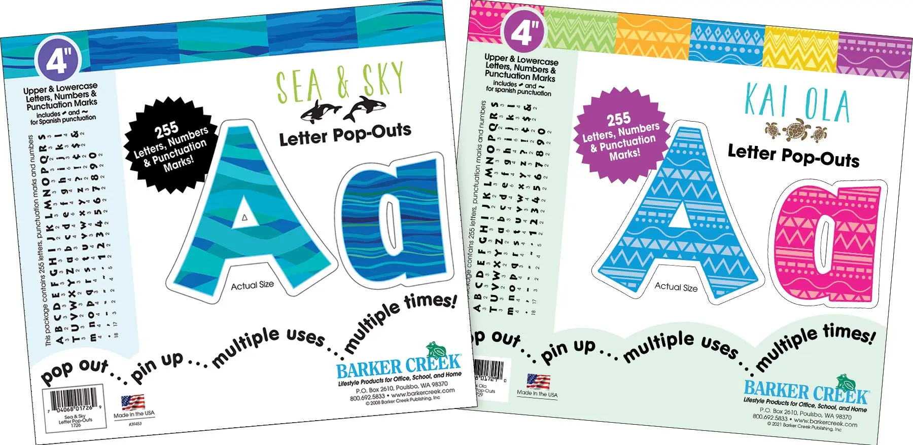 Barker Creek Letter Pop-Out Set of 2, 4" Kai Ola and Sea & Sky, Mixed-Design, 255 Upper and Lowercase Letters